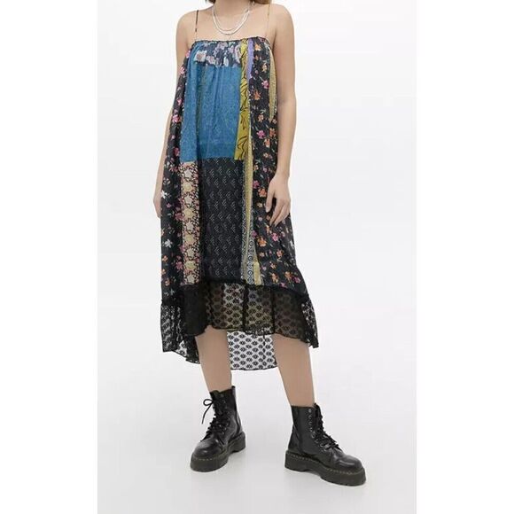 Kimchi Blue Womens Small Midi Yellow Blue Boho Dress Mixed Pattern Slip Dress - Picture 1 of 7